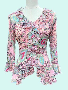 Y2K Agora Paisley Ruffle Mesh Long Sleeve Top